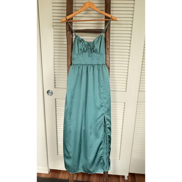 Slip Dress Green Midi Dress with Slit  Size S - Picture 1 of 6